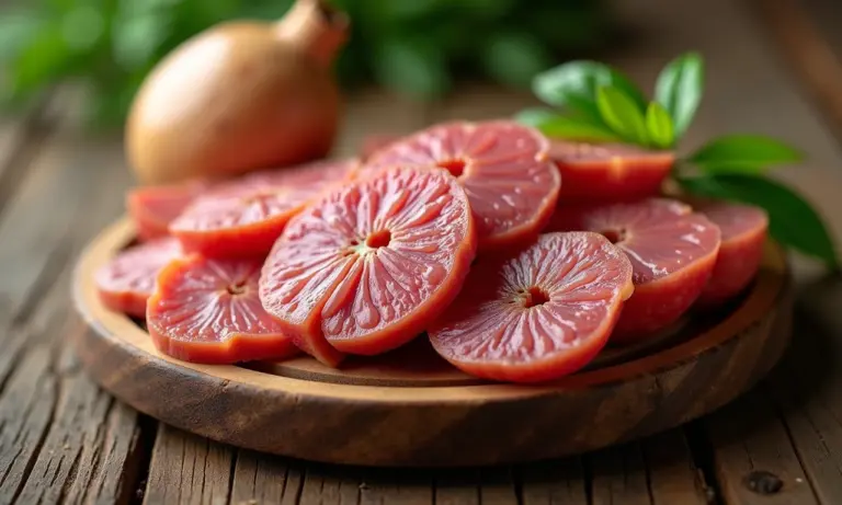 Cará cru em close-up sobre mesa de madeira rústica.
