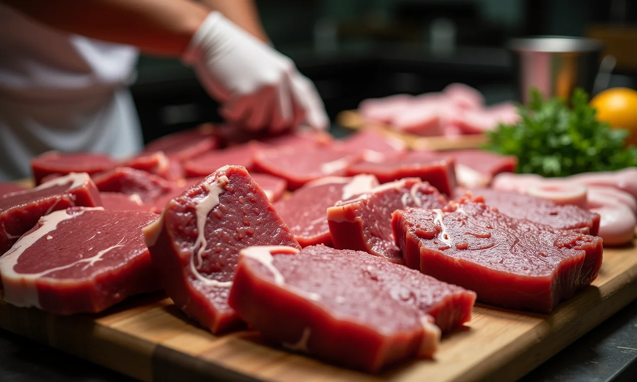 Carnes magras sendo preparadas para a feijoada.