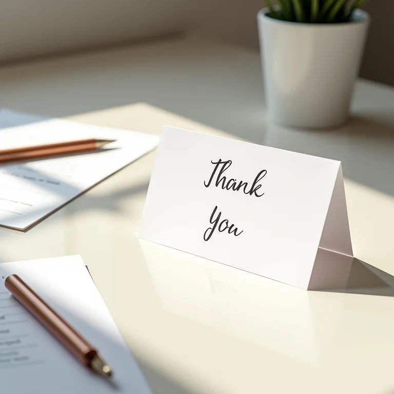 Cartão de agradecimento em uma mesa de escritório