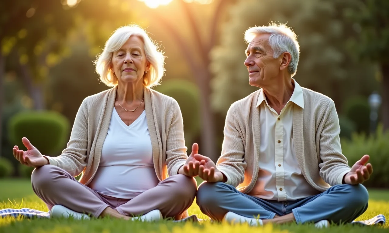 Casal de aposentados meditando juntos em um jardim tranquilo.