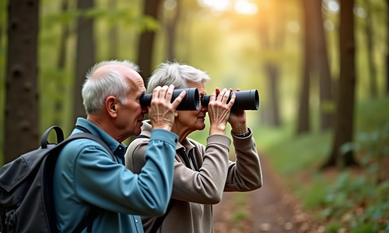 Casal de aposentados observando pássaros com binóculos em uma floresta.