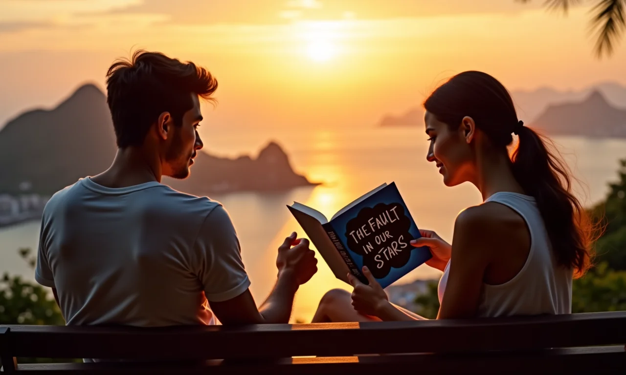 Casal diverso lendo 'A Culpa é das Estrelas' com vista para o Rio de Janeiro.