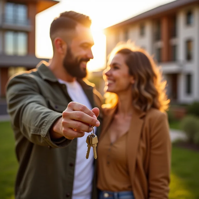 Casal segurando chaves de sua nova casa