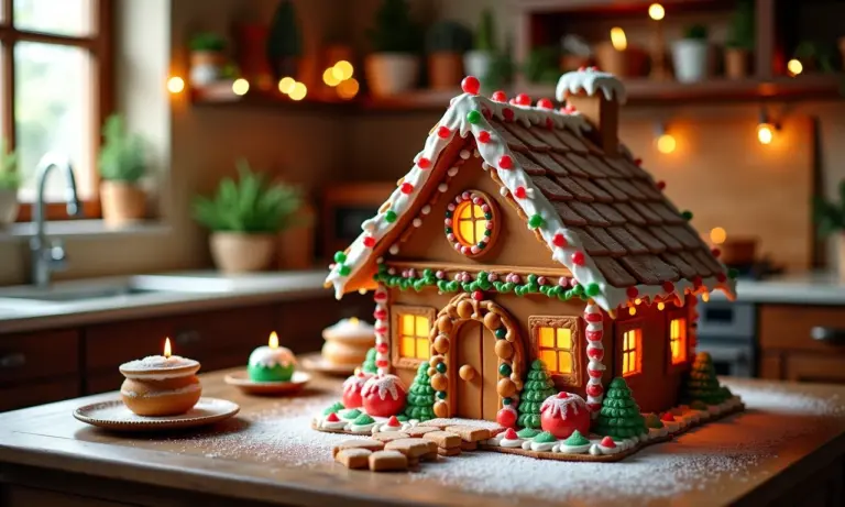 Casinha de biscoito de gengibre decorada em cozinha aconchegante.