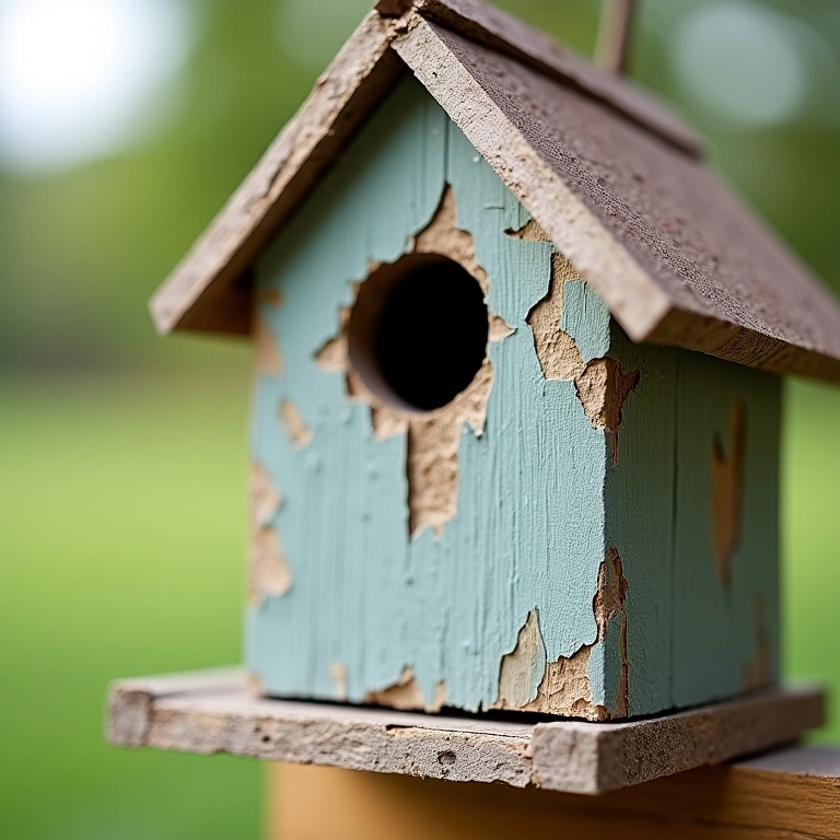 Casinha de passarinho feita com materiais reciclados de baixa qualidade.