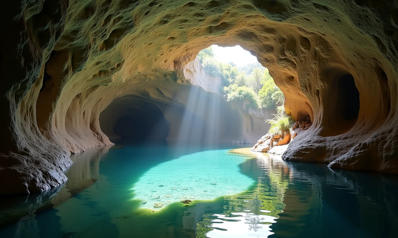 Caverna com ambiente preservado e sinalização para visitantes.
