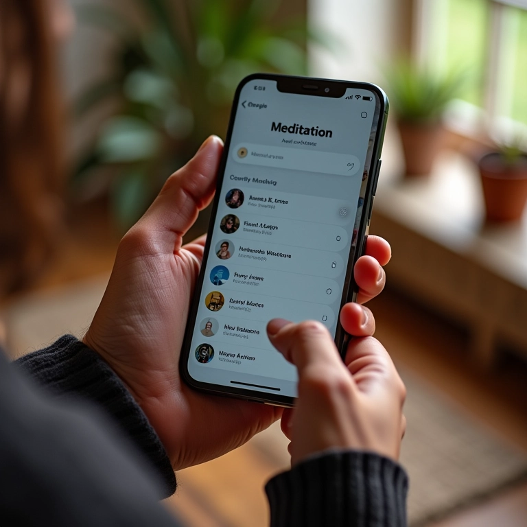 Celular mostrando app de meditação com opções de áudio.