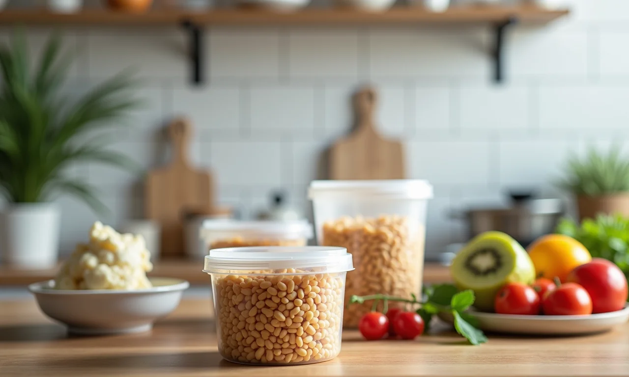 Cena de cozinha com foco em recipientes reutilizáveis em vez de plástico.