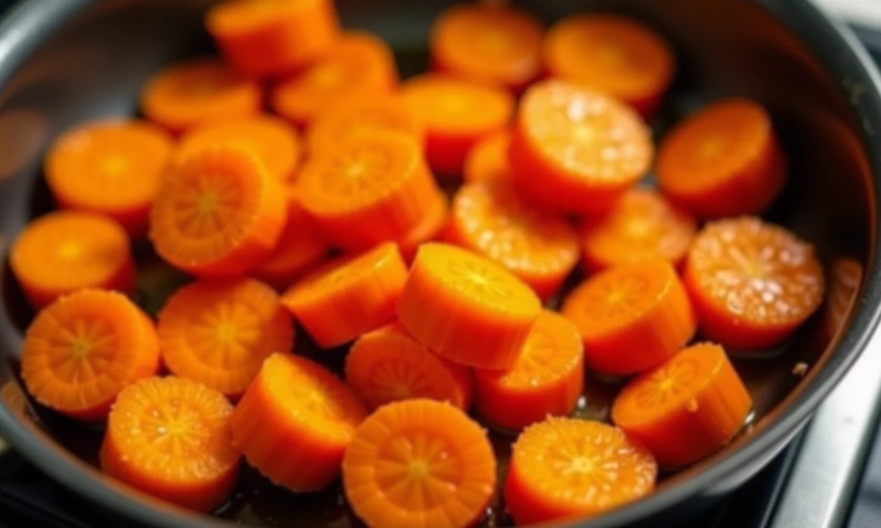 Cenoura caramelizada na frigideira com cor dourada.