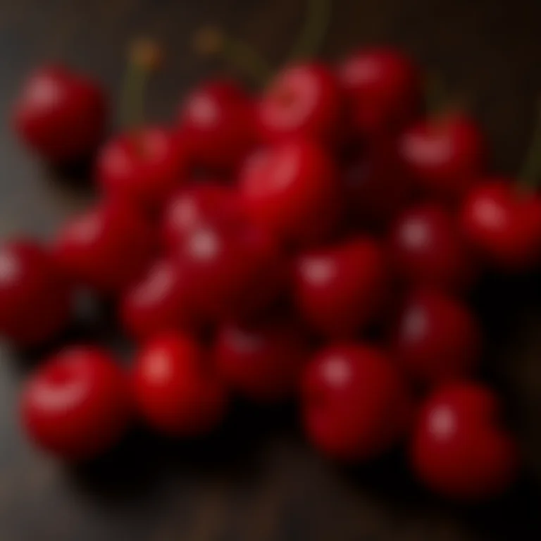 Cerejas vermelhas vibrantes empilhadas em uma superfície de madeira escura.