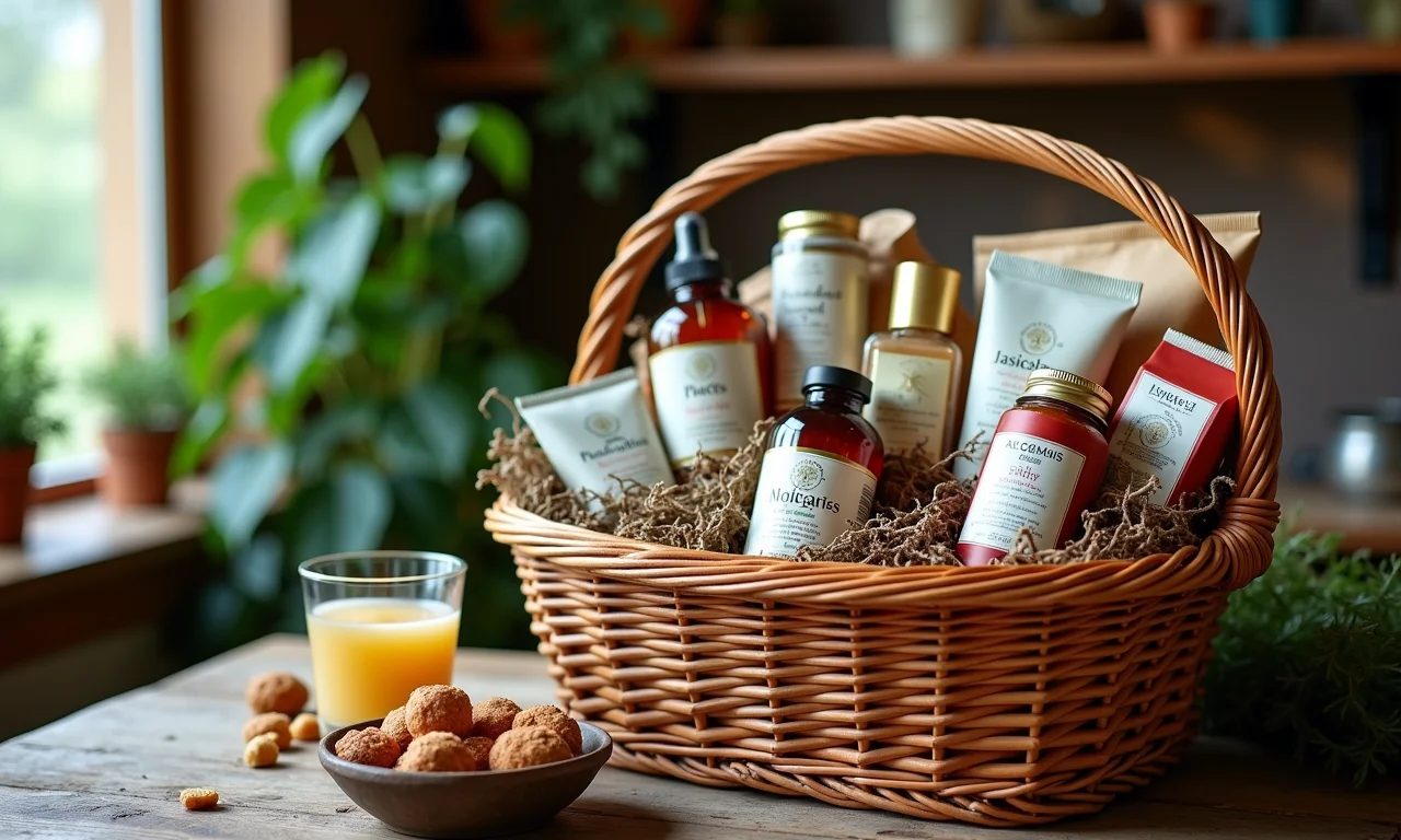 Cestas de presente temáticas com produtos artesanais em uma mesa rústica.