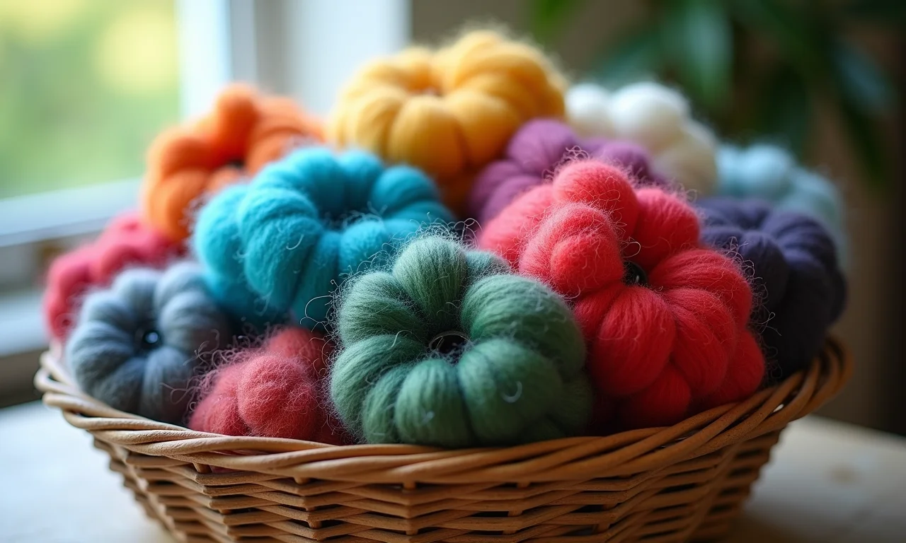 Cesto de lã cardada colorida com luz natural suave.