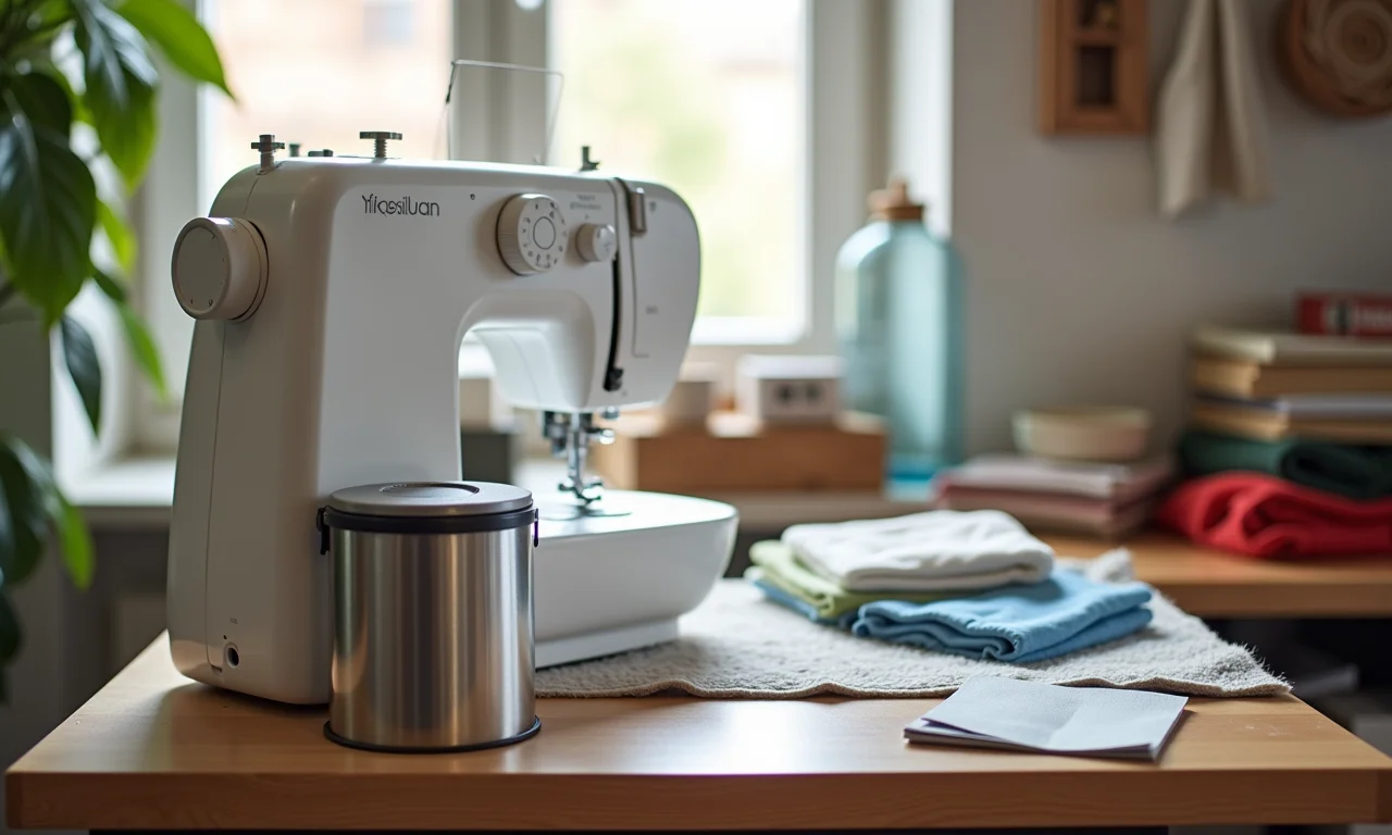 Cesto de lixo próximo à máquina de costura em um ateliê organizado.