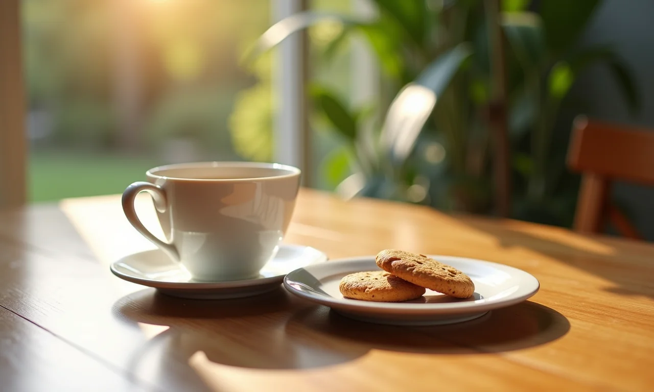 Chá de amora e biscoitos digestivos em mesa de madeira.