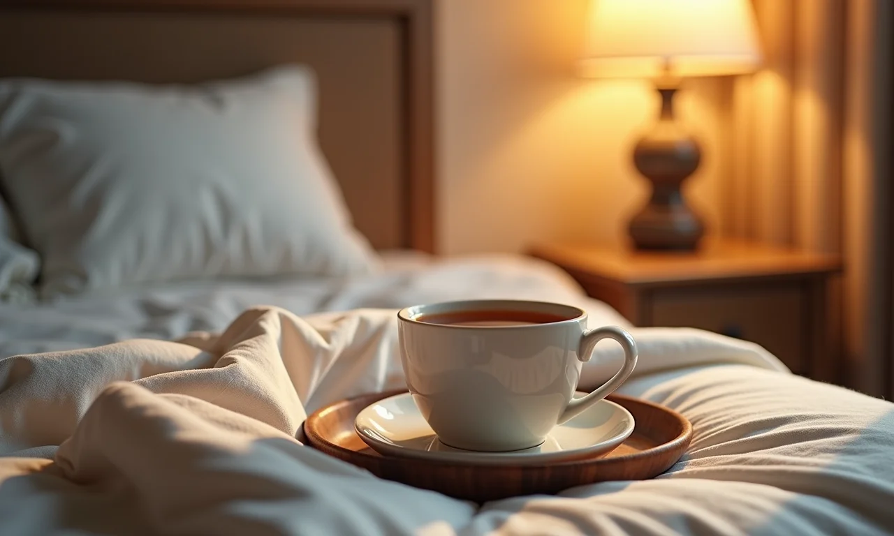 Chá de amora quente ao lado de cama aconchegante, relaxamento.