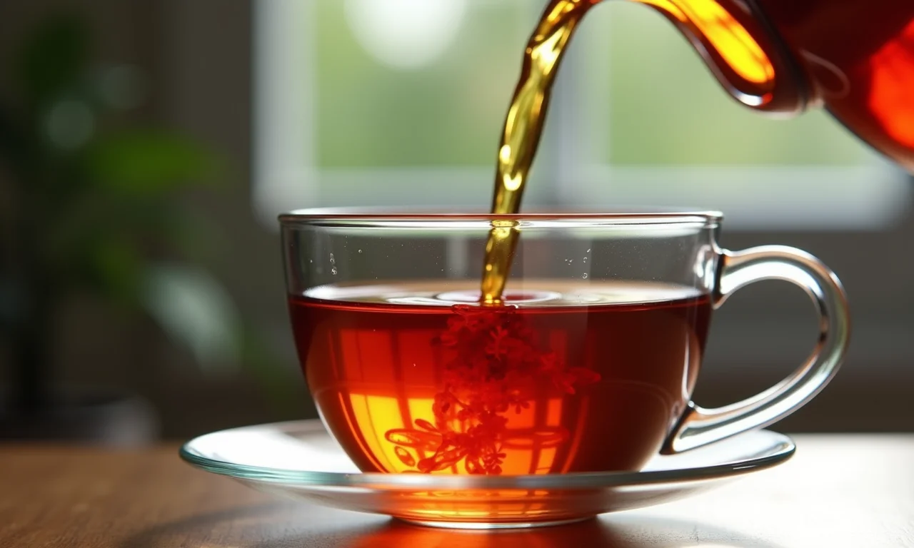 Chá de amora sendo servido em copo de vidro, ritual diário.