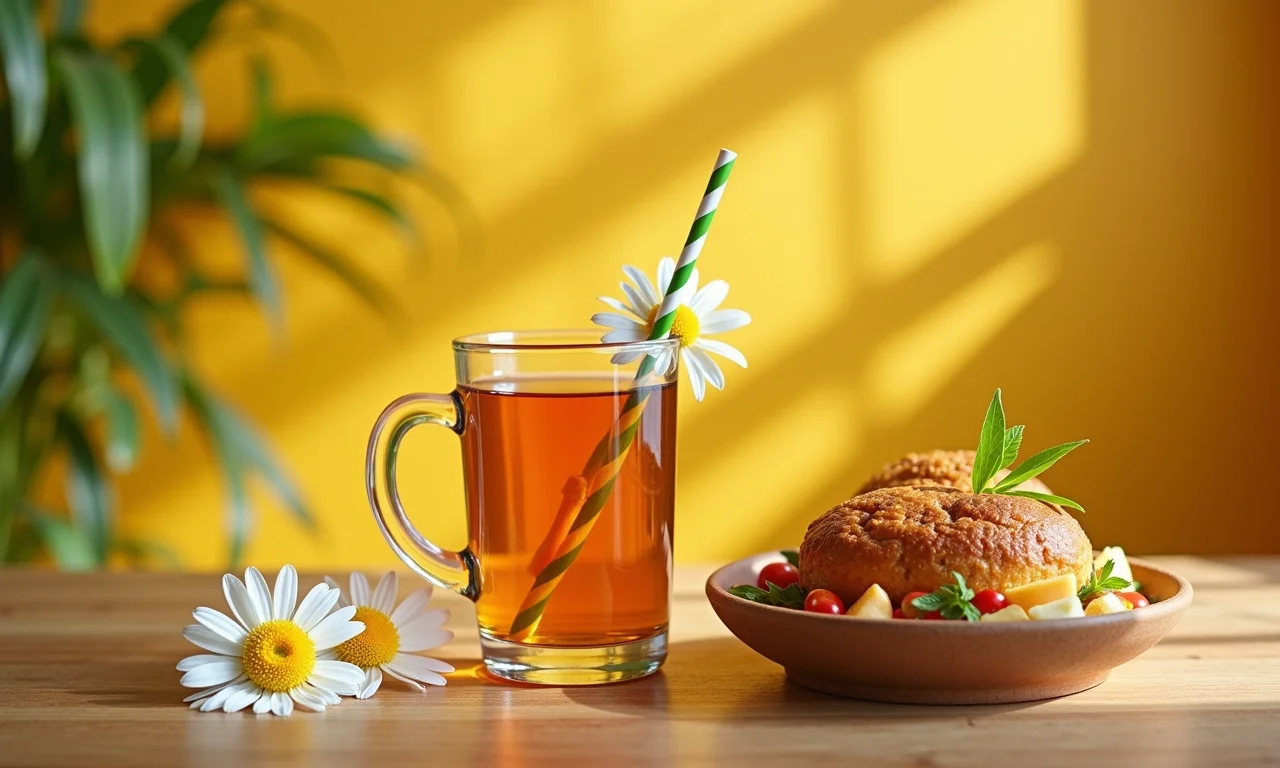 Chá de camomila emagrece? Mesa com chá e refeição saudável.