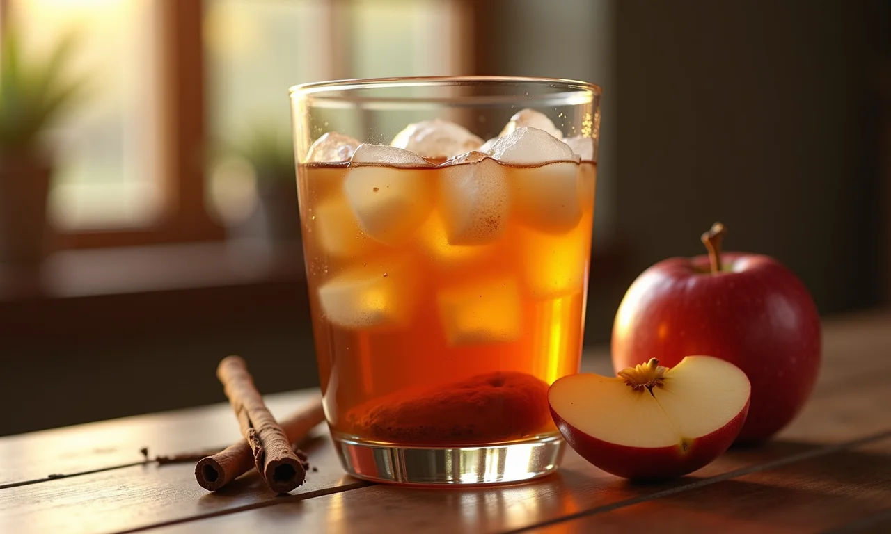 Chá de camomila gelado com maçã e canela em copo, em ambiente aconchegante.
