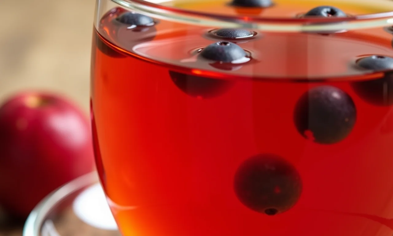 Chá de frutos de amora vermelho vibrante, explosão de sabor.