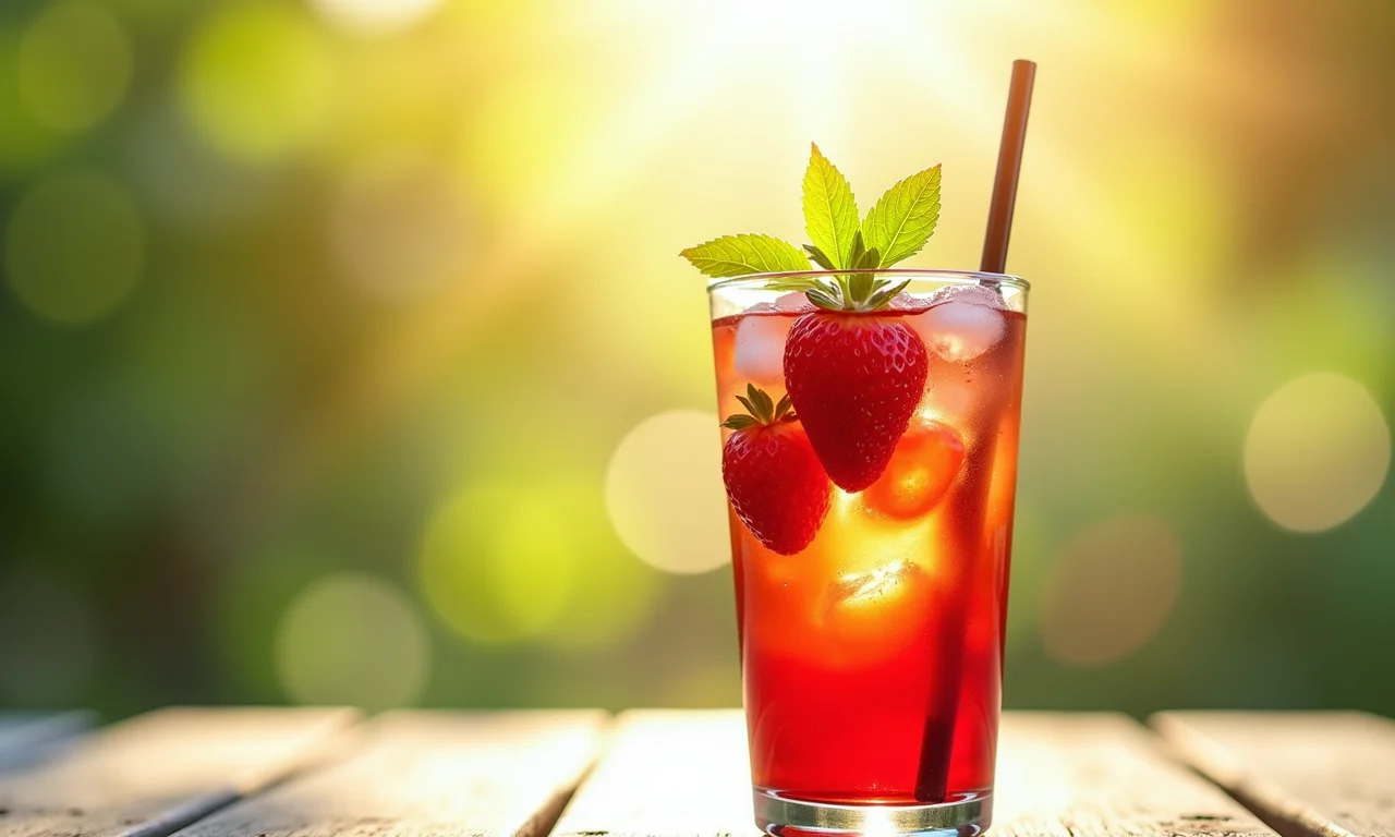 Chá de hibisco gelado com morango e hortelã em copo, sob a luz do sol.