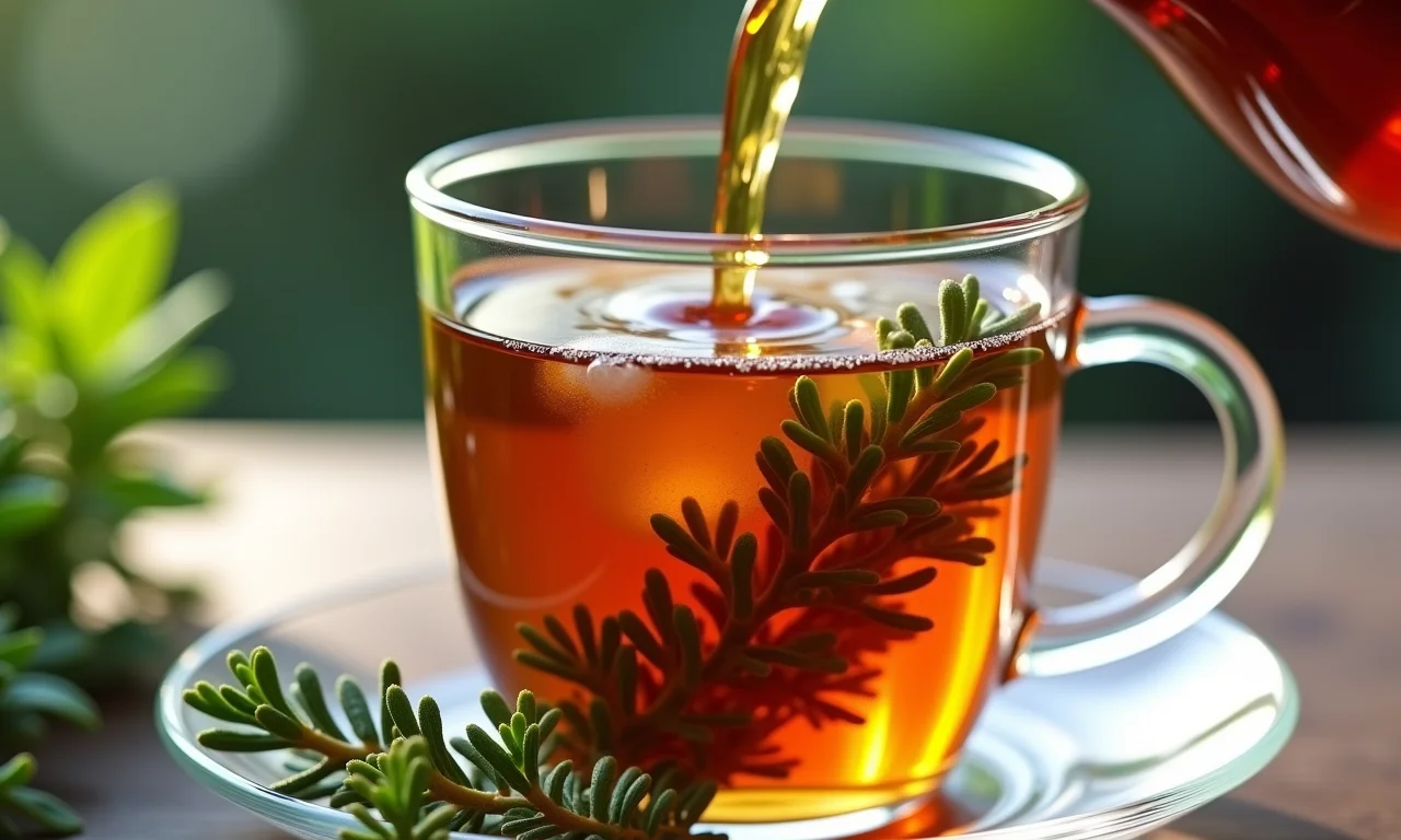 Chá de zimbro sendo servido, ervas digestivas visíveis.