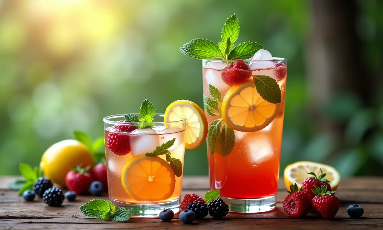 Chá gelado com hortelã fresca, limão e frutas vermelhas em mesa rústica de madeira.