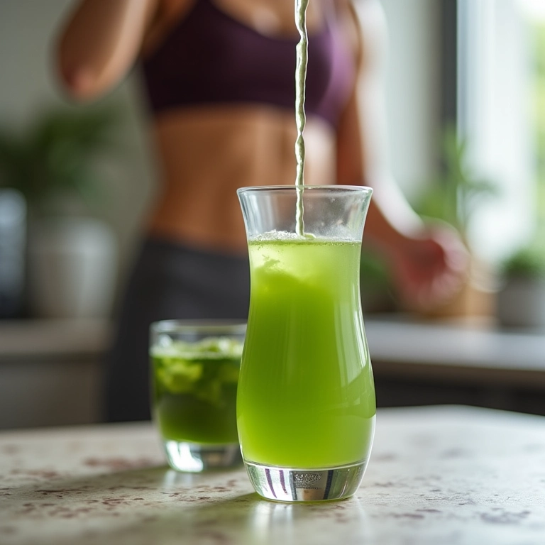 Chá verde sendo servido com uma mulher se exercitando ao fundo, foco no chá e no suor.