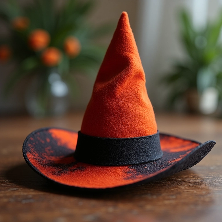 Chapéu de bruxa feito com feltro, tecido e papelão.