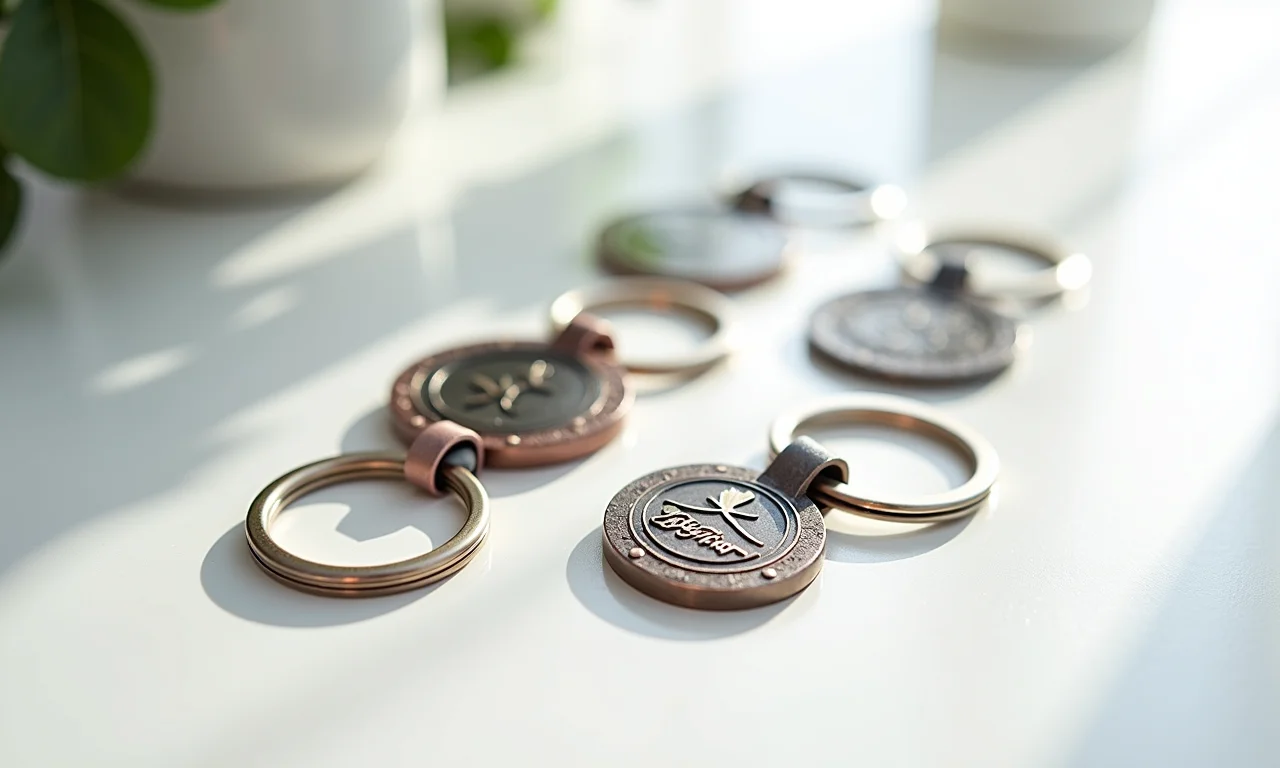 Chaveiros de metal sublimados com designs variados.