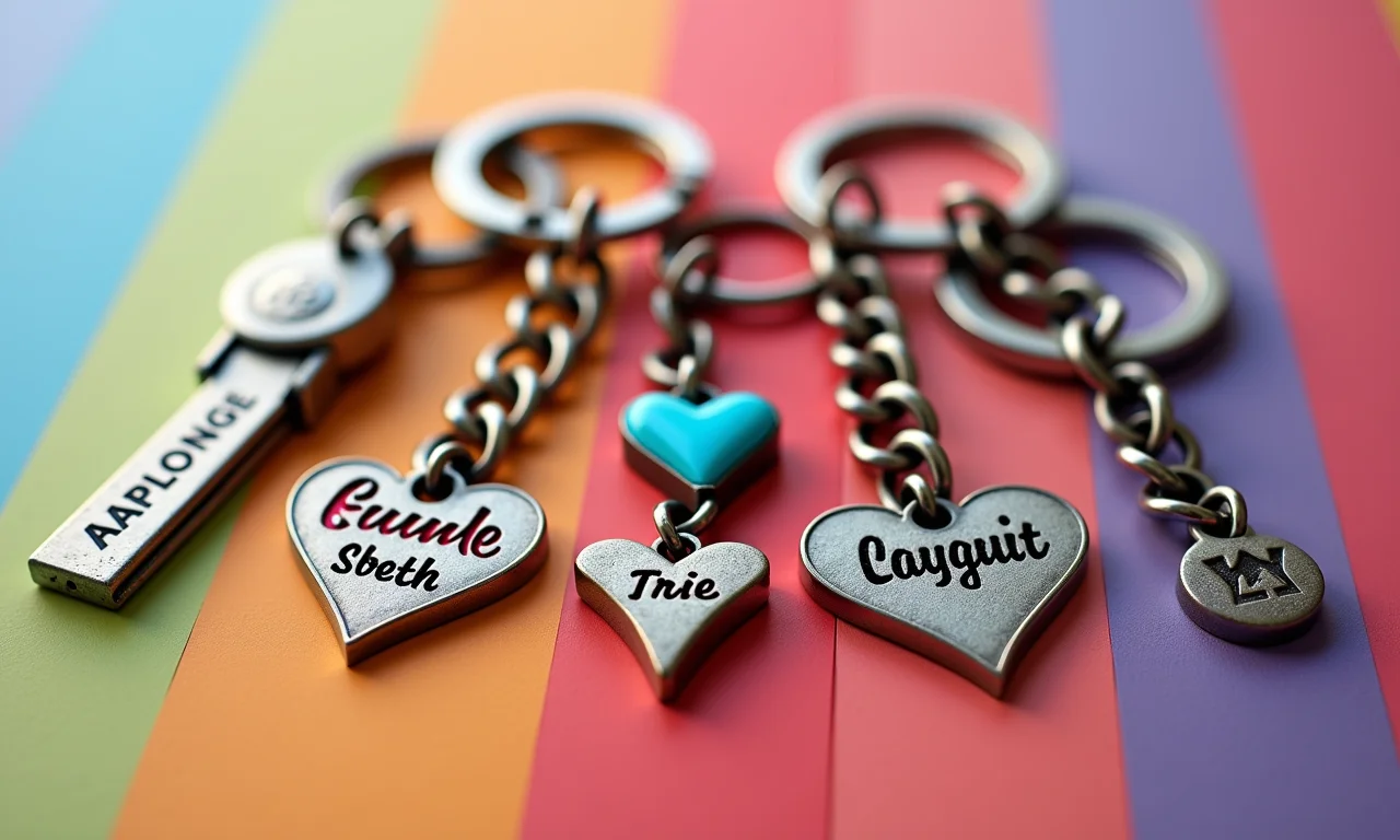 Chaveiros personalizados com nomes e pingentes em um fundo colorido.