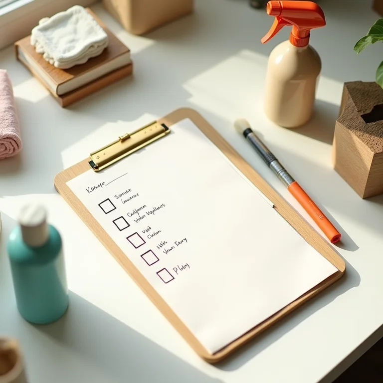Checklist de organização doméstica com materiais de limpeza