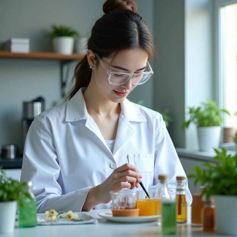 Cientista em laboratório usando ingredientes vegetais para desenvolver produtos cruelty-free, incentivando a inovação.