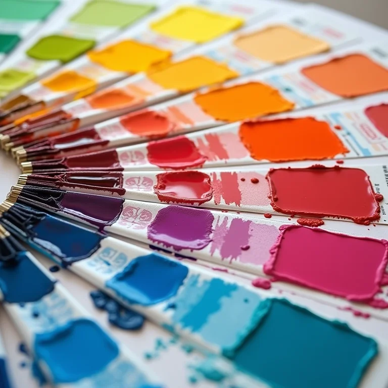 Círculo cromático com amostras de tintas