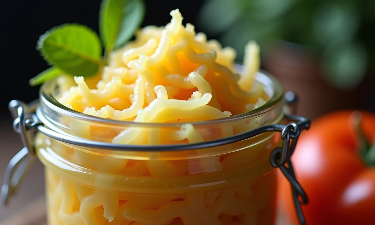 Close-up de chucrute caseiro em um pote de vidro.