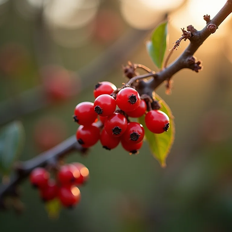 Close-up de frutos de teixo em um galho.