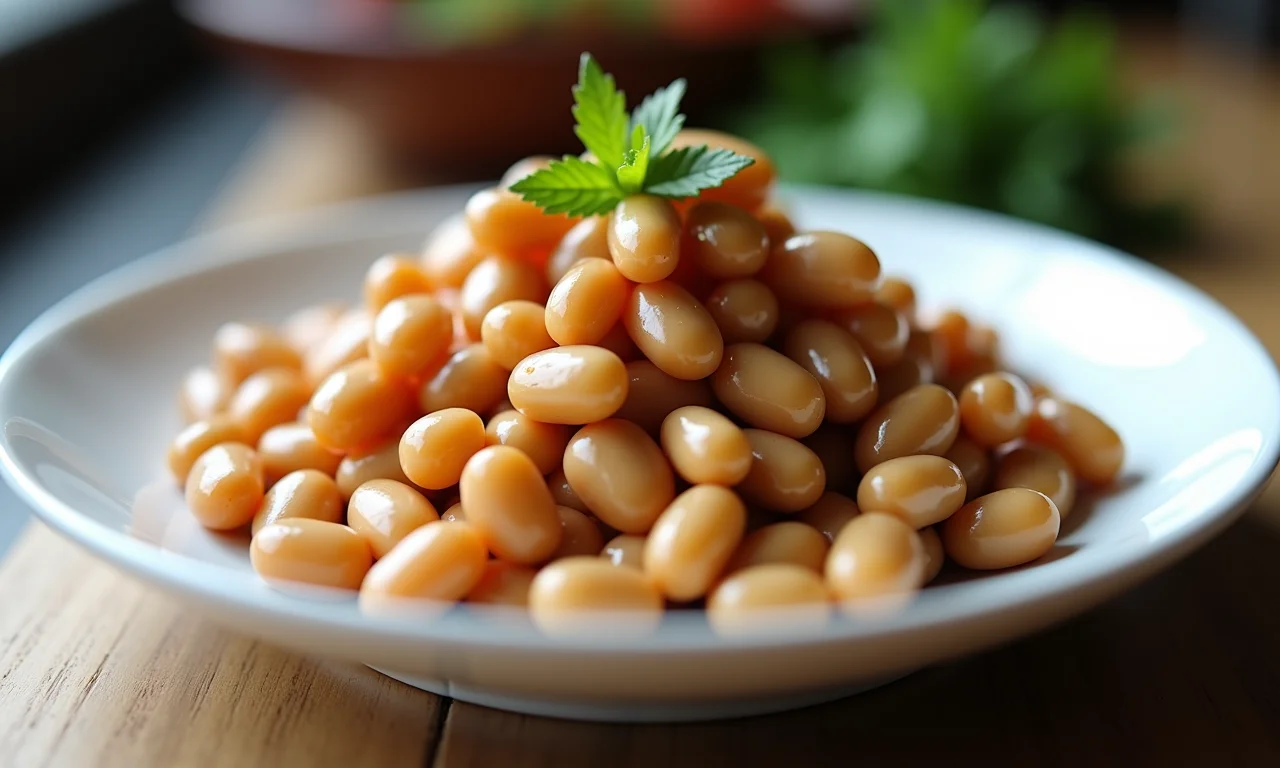 Close-up de grãos de natto em um prato branco.
