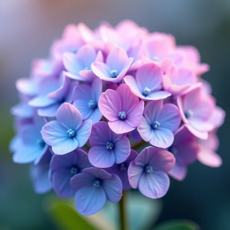 Close-up de hortênsias rosas e azuis.