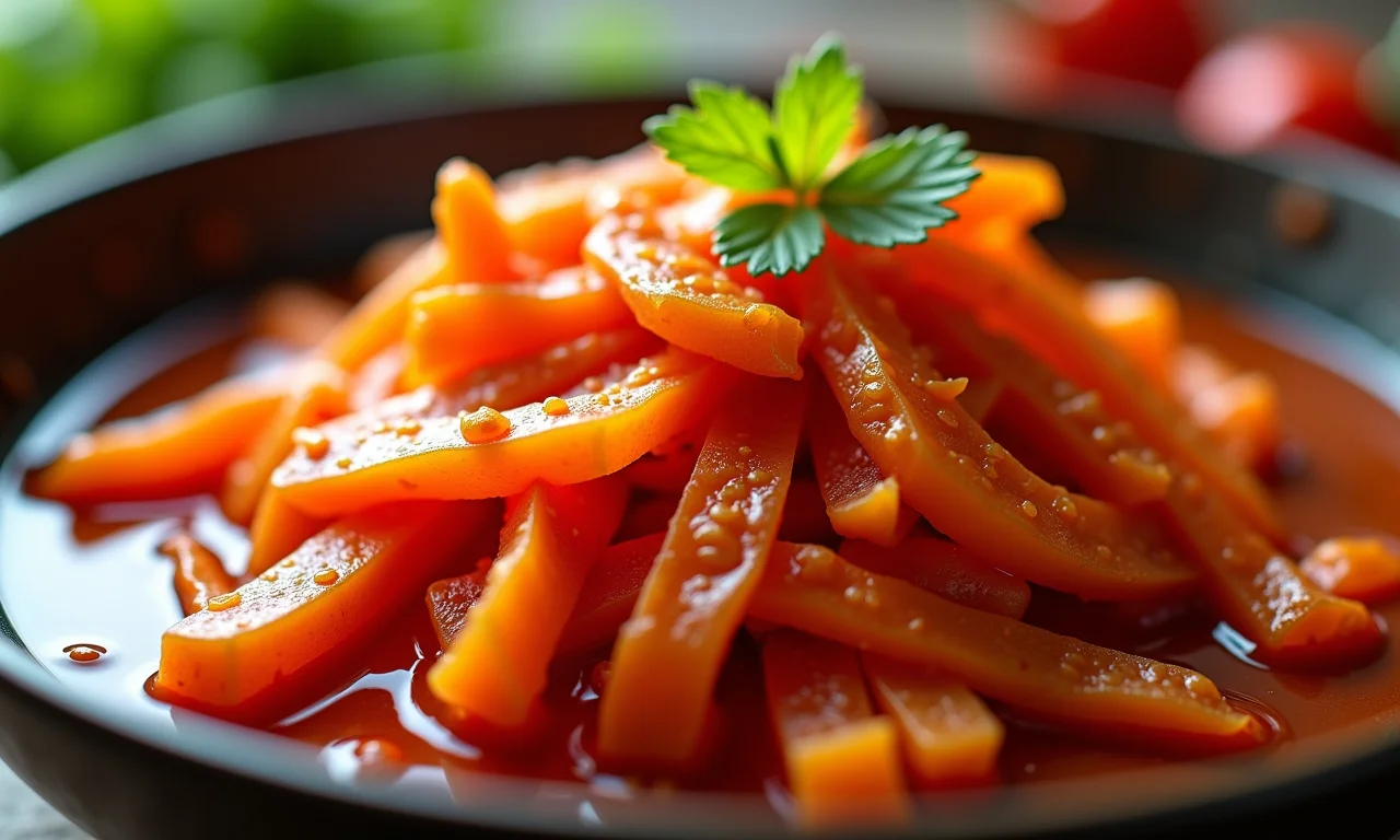 Close-up de kimchi vibrante em uma tigela.