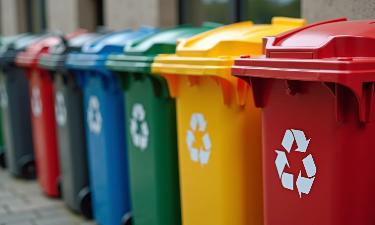 Close-up de lixeiras de reciclagem coloridas com símbolos de separação de resíduos.