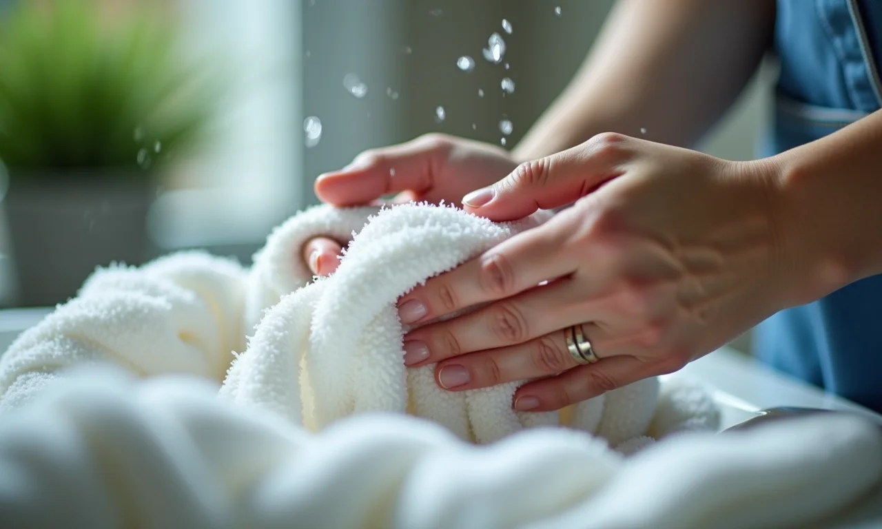 Close-up de mãos lavando roupas delicadas à mão com cuidado.