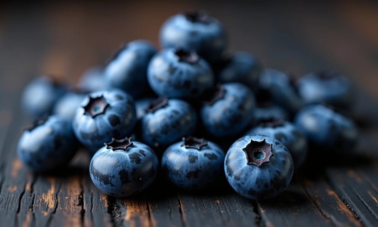 Close-up de mirtilos em superfície de madeira escura, realçando a cor azul e a textura.