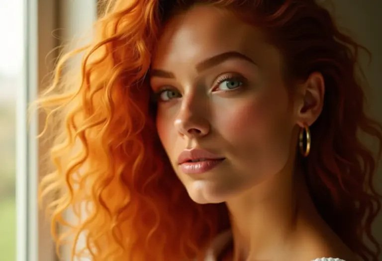 Close-up de mulher ruiva acobreada com pele radiante