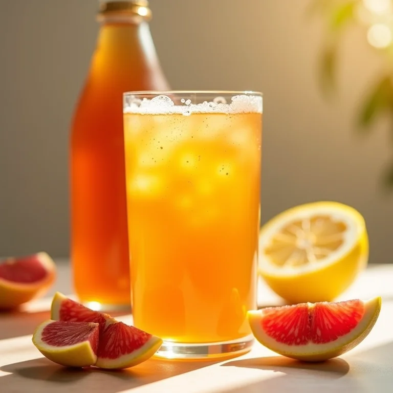 Close-up de um copo de kombucha com borbulhas e frutas frescas