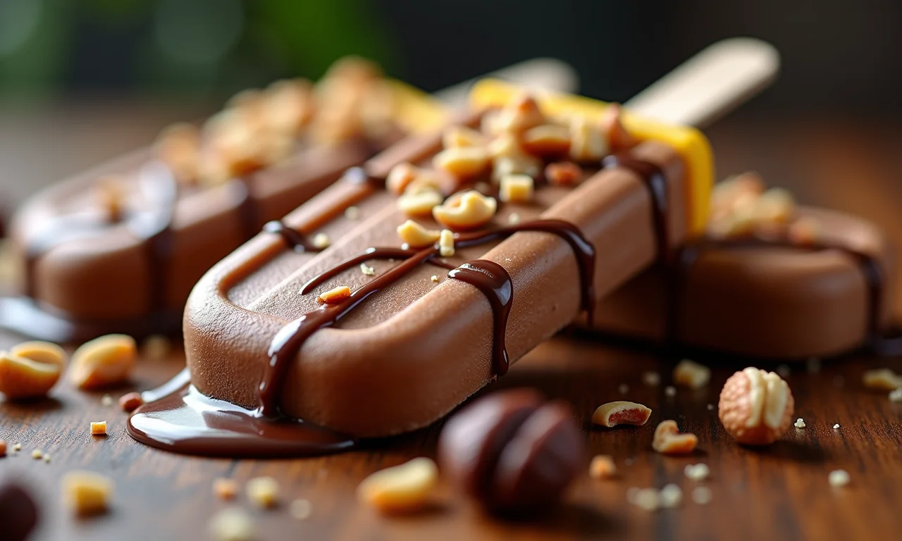 Close-up de um geladinho gourmet cremoso de chocolate com castanhas, irresistível.