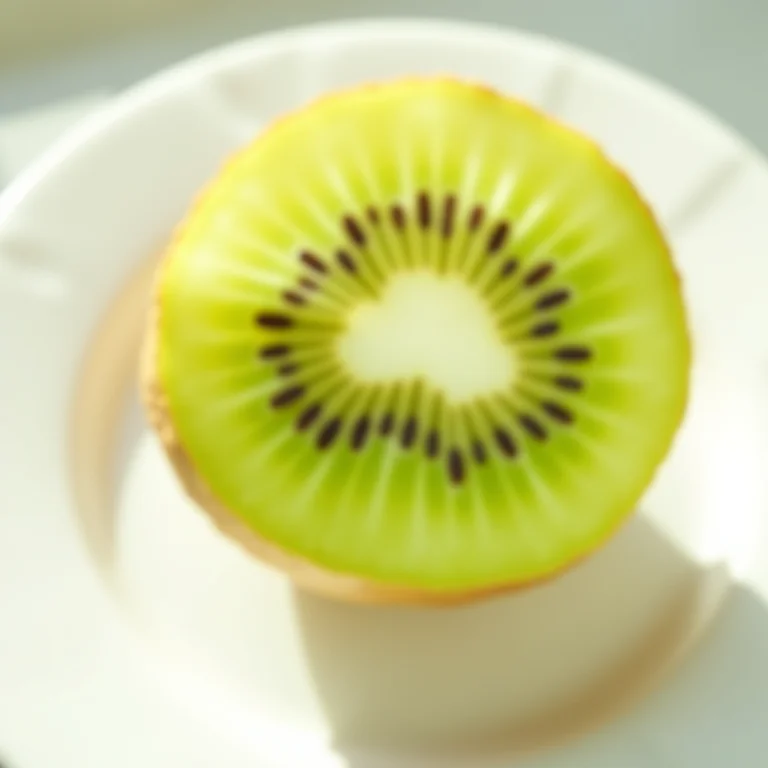 Close-up de um kiwi fatiado, destacando sua polpa verde e sementes pretas.