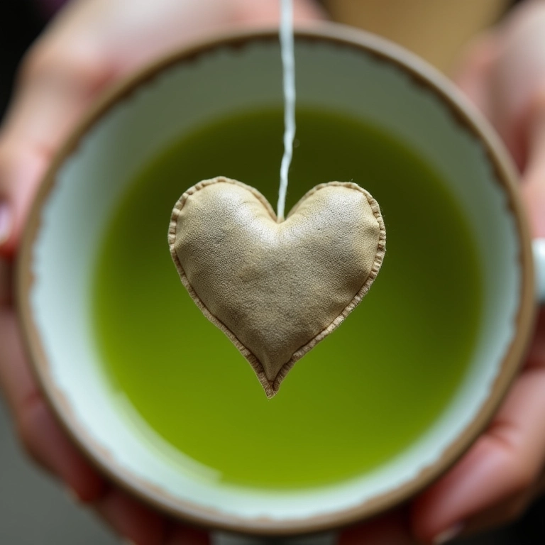 Close-up de um saquinho de chá em forma de coração em uma xícara de chá verde.