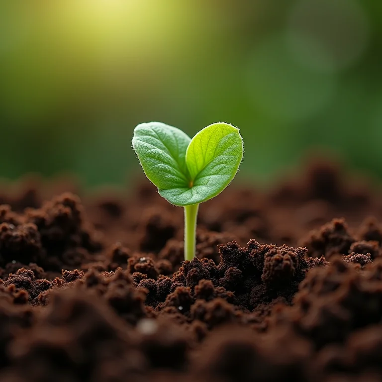 Close-up de um substrato rico e bem drenado com uma muda de Fitônia.