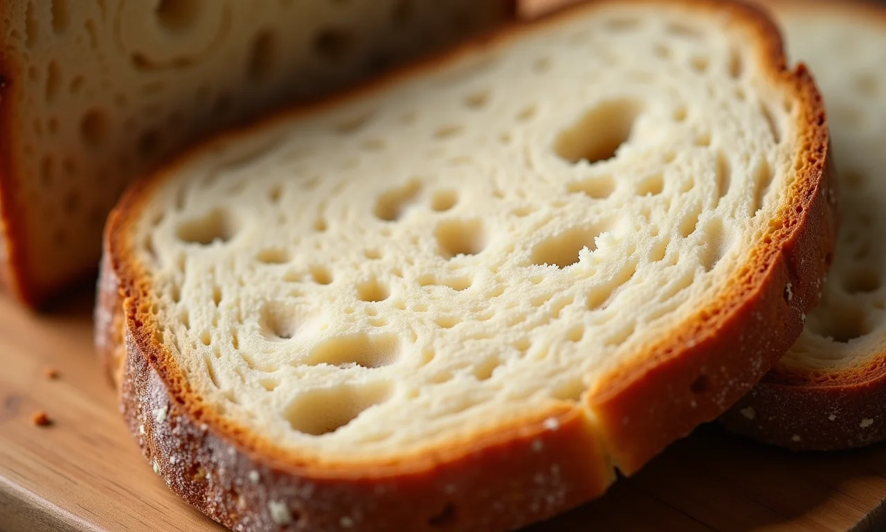 Close-up de uma fatia de pão de fermentação natural com alvéolos visíveis.