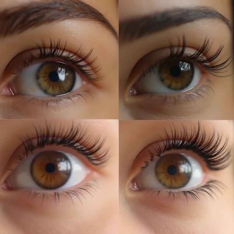 Extensões de cílios valorizando diferentes formatos de olhos.