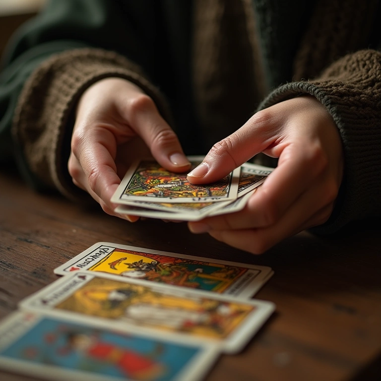 Mãos embaralhando cartas de Tarot detalhadas.
